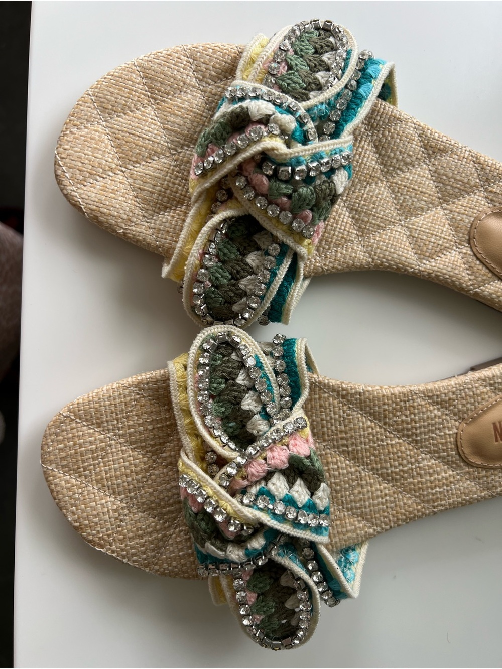 Steve Madden Beaded Crochet Knot Slide Sandals in Turquoise, Green & Pink - Picture 3 of 7